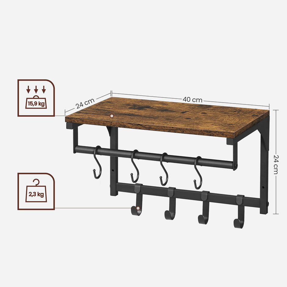 Coat Rack – Wood and Metal – Rustic Brown and Black – 8 Hooks with Shelf