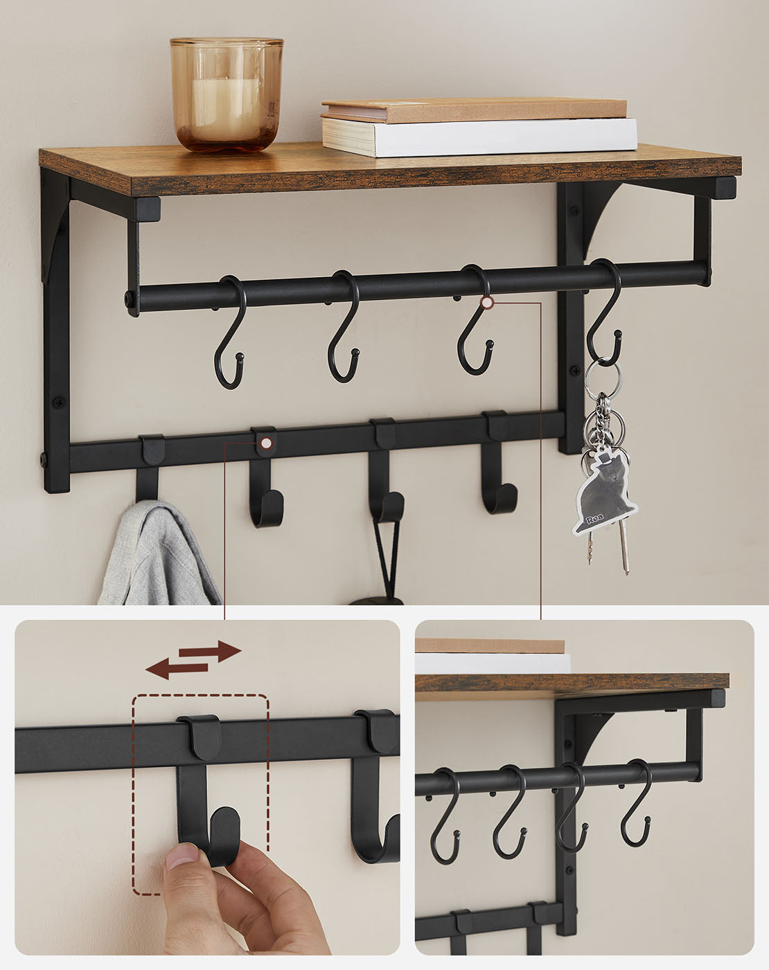 Coat Rack – Wood and Metal – Rustic Brown and Black – 8 Hooks with Shelf