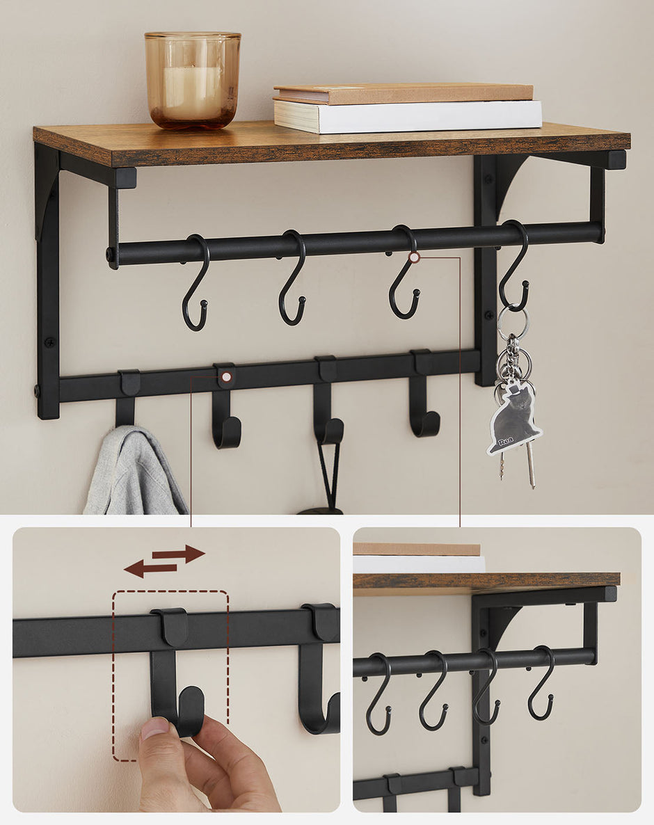Coat Rack – Wood and Metal – Rustic Brown and Black – 8 Hooks with Shelf