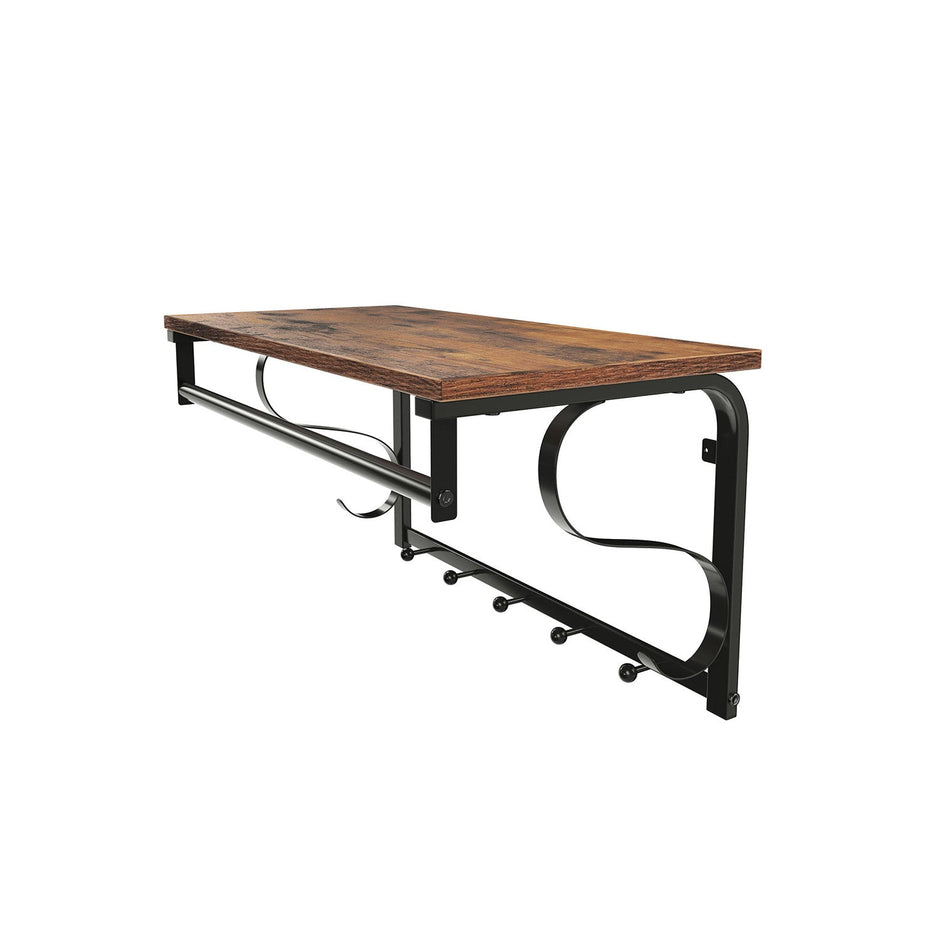 Coat Rack Shelf – Wood and Metal – Rustic Brown and Black – Wall Mounted with 5 Hooks and Hanging Rail