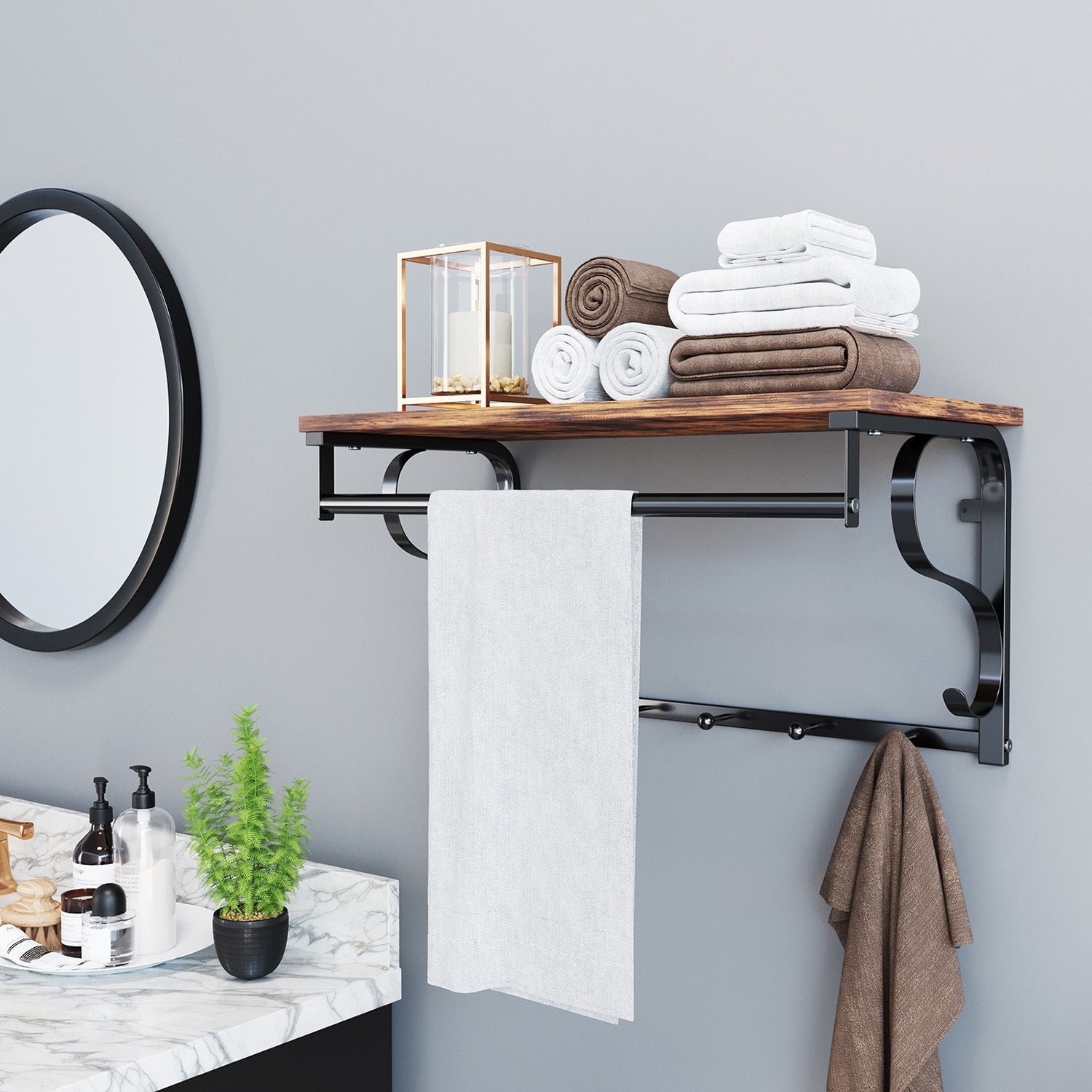 Coat Rack Shelf – Wood and Metal – Rustic Brown and Black – Wall Mounted with 5 Hooks and Hanging Rail
