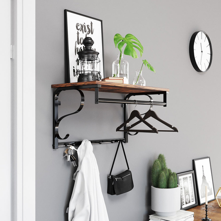 Coat Rack Shelf – Wood and Metal – Rustic Brown and Black – Wall Mounted with 5 Hooks and Hanging Rail