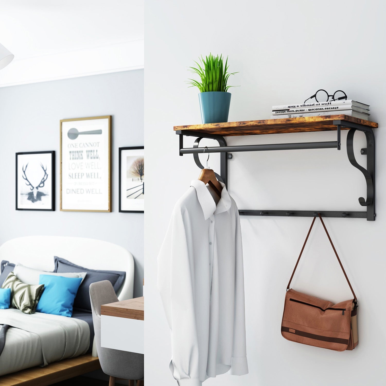 Coat Rack Shelf – Wood and Metal – Rustic Brown and Black – Wall Mounted with 5 Hooks and Hanging Rail