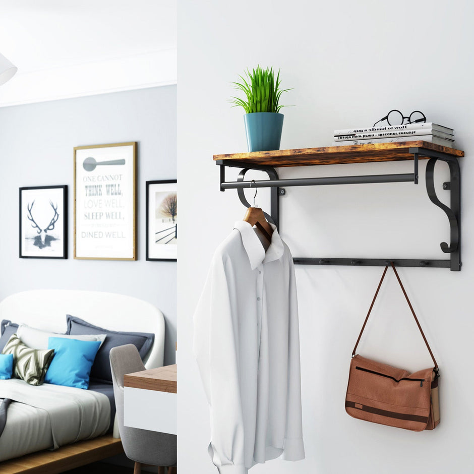 Coat Rack Shelf – Wood and Metal – Rustic Brown and Black – Wall Mounted with 5 Hooks and Hanging Rail