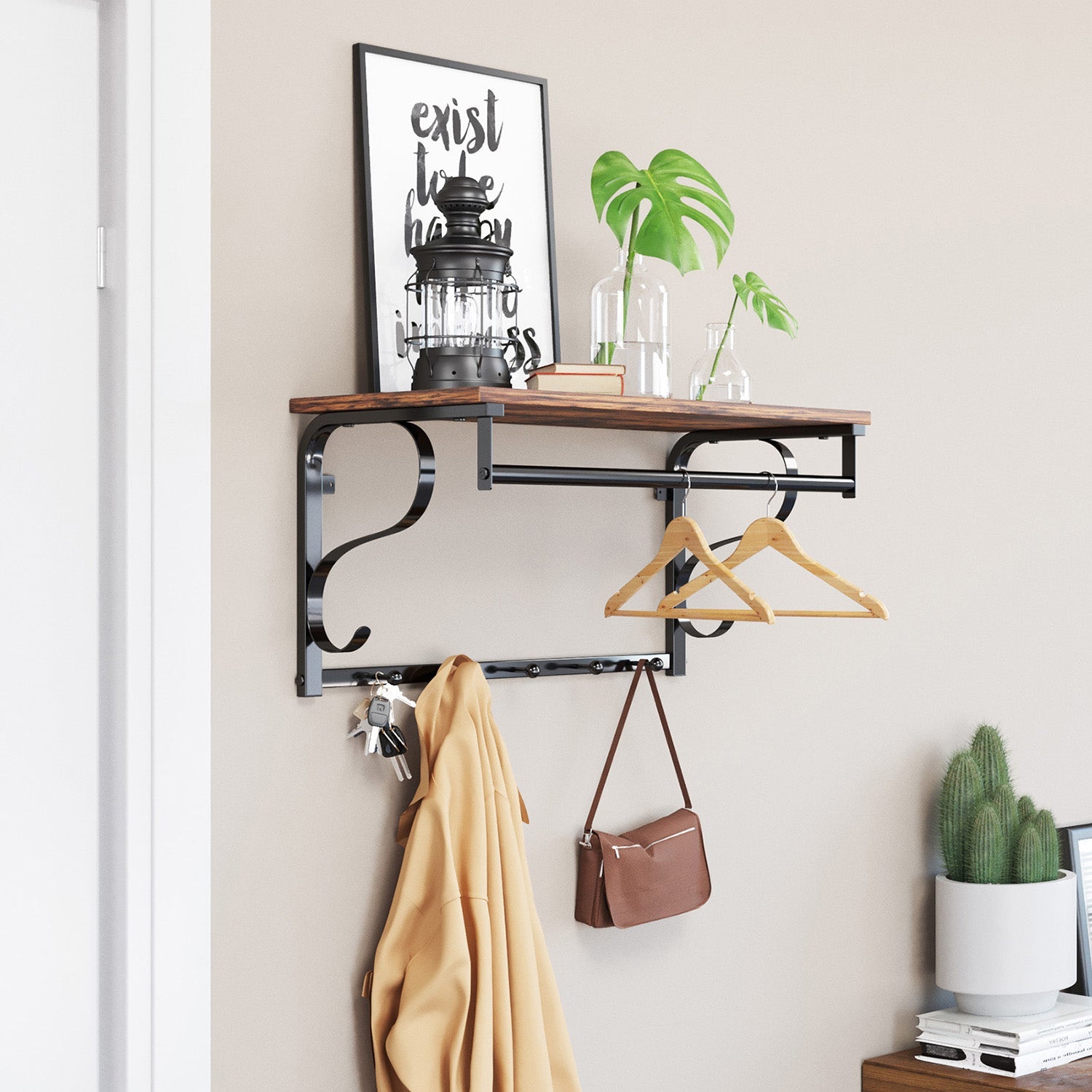 Coat Rack Shelf – Wood and Metal – Rustic Brown and Black – Wall Mounted with 5 Hooks and Hanging Rail
