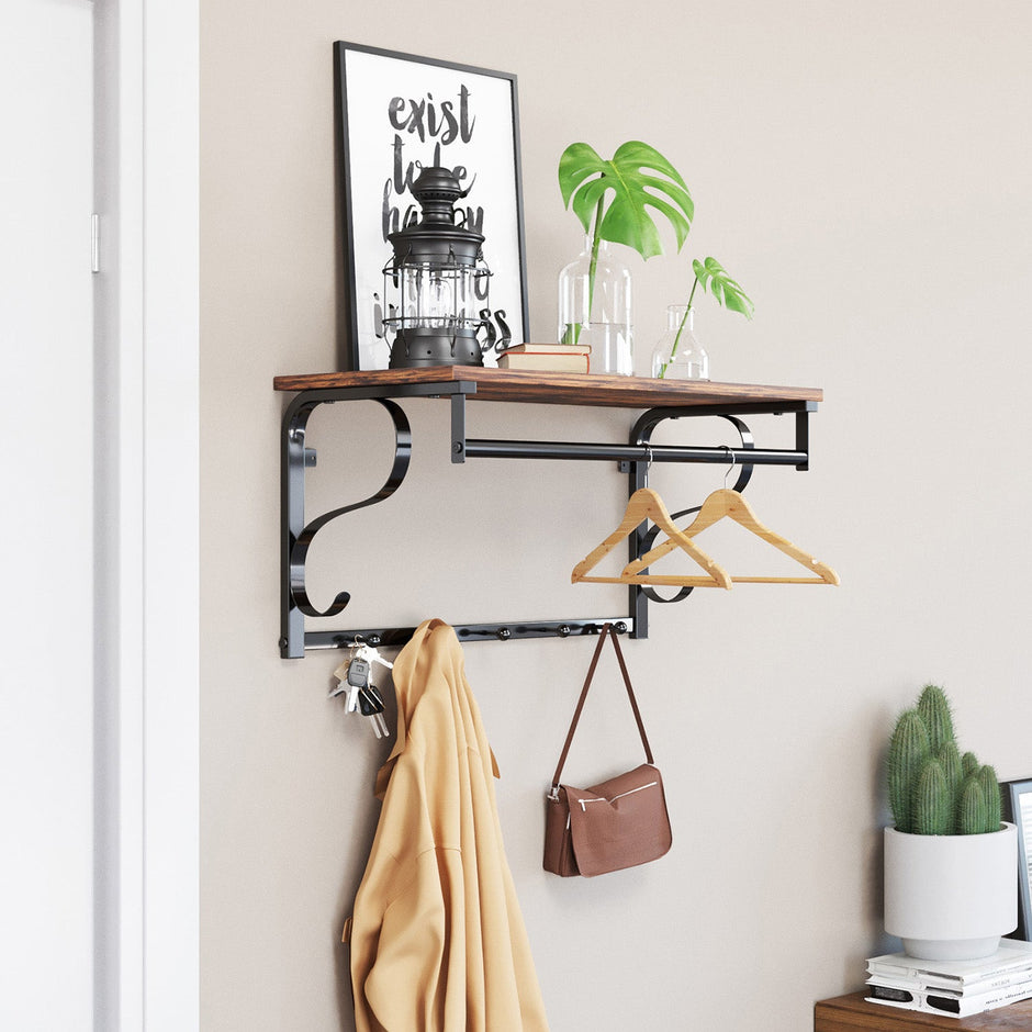 Coat Rack Shelf – Wood and Metal – Rustic Brown and Black – Wall Mounted with 5 Hooks and Hanging Rail