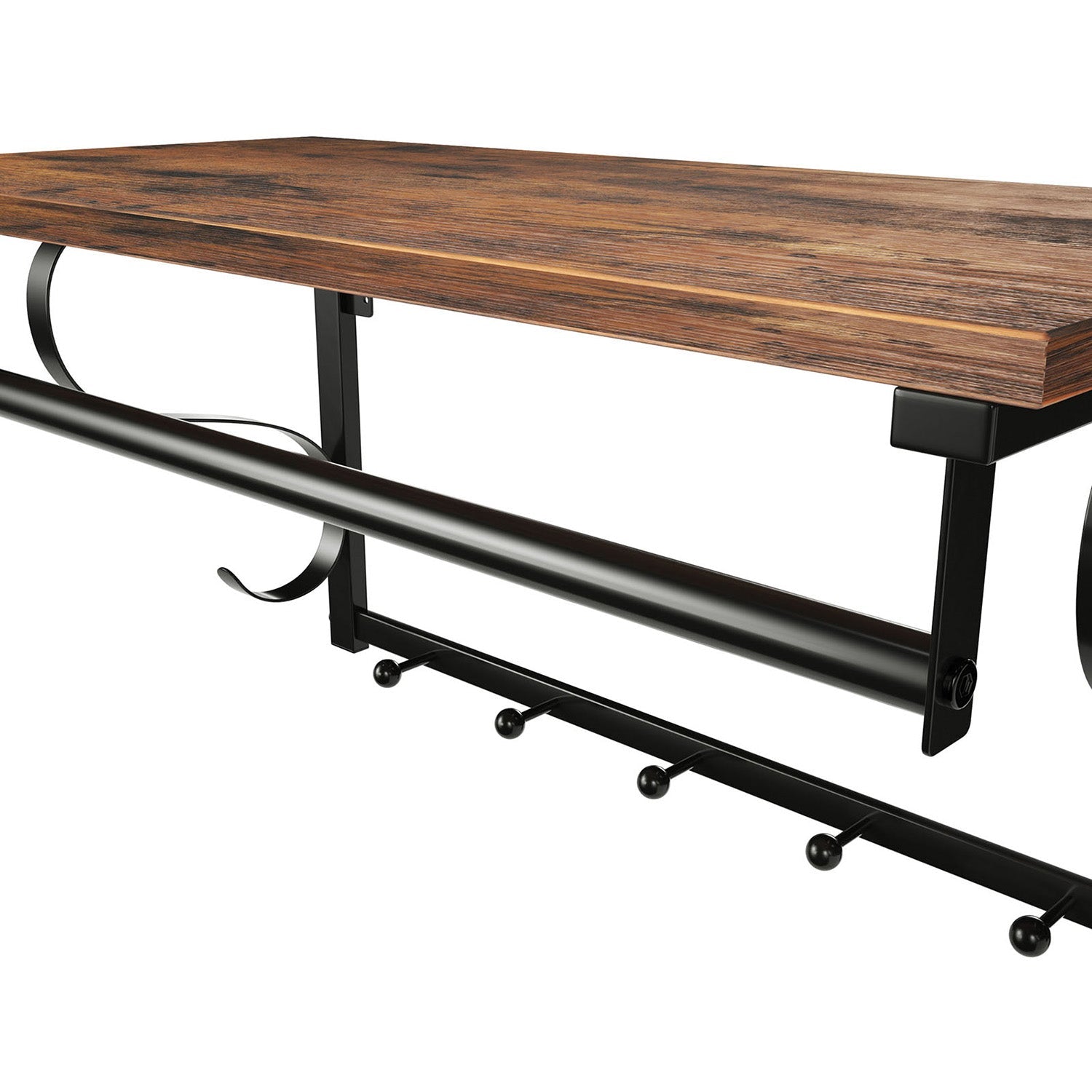 Coat Rack Shelf – Wood and Metal – Rustic Brown and Black – Wall Mounted with 5 Hooks and Hanging Rail
