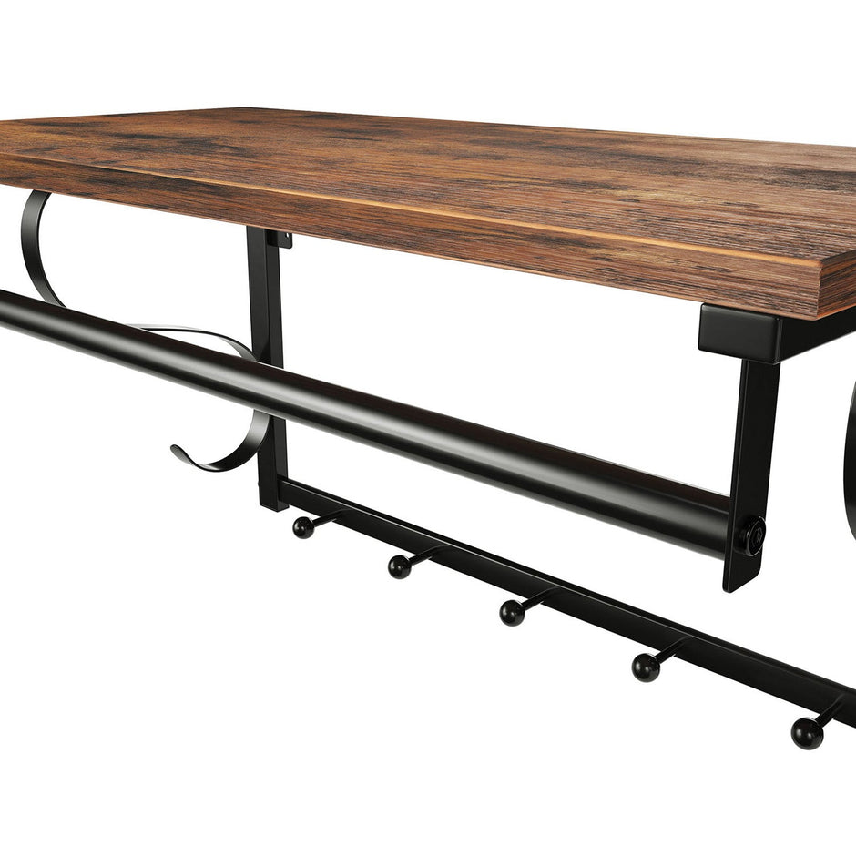 Coat Rack Shelf – Wood and Metal – Rustic Brown and Black – Wall Mounted with 5 Hooks and Hanging Rail