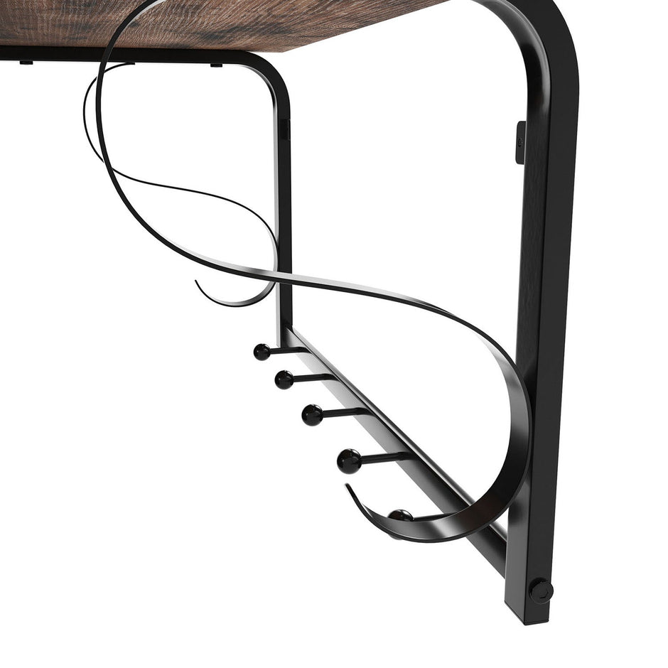 Coat Rack Shelf – Wood and Metal – Rustic Brown and Black – Wall Mounted with 5 Hooks and Hanging Rail