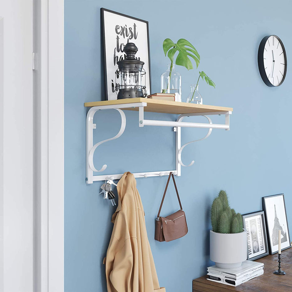 Wall Mounted Coat Rack Shelf – Wood and Metal – Rustic Brown and Black – 5 Hooks and Hanging Rail