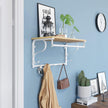 Wall Mounted Coat Rack Shelf – Wood and Metal – Rustic Brown and Black – 5 Hooks and Hanging Rail