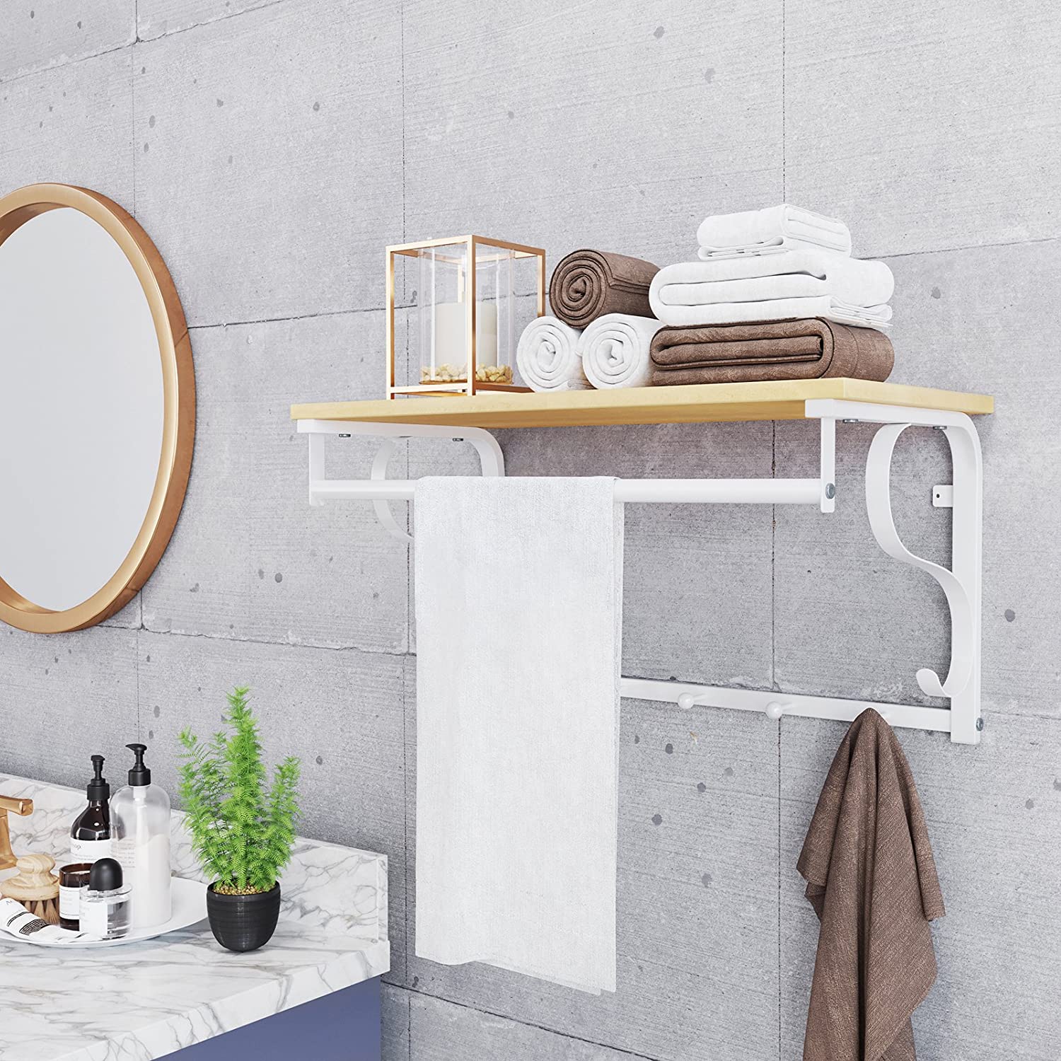 Wall Mounted Coat Rack Shelf – Wood and Metal – Rustic Brown and Black – 5 Hooks and Hanging Rail