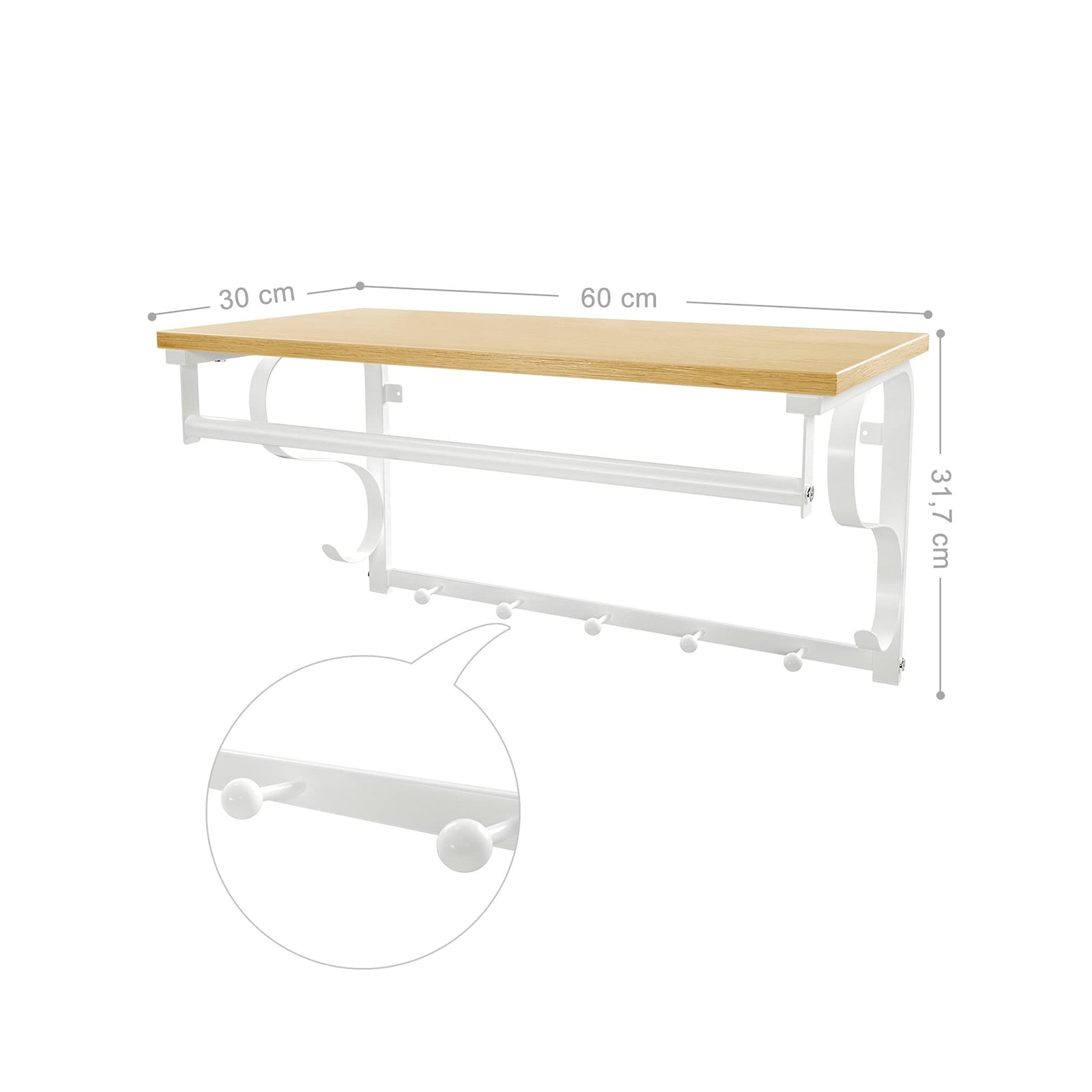 Wall Mounted Coat Rack Shelf – Wood and Metal – Rustic Brown and Black – 5 Hooks and Hanging Rail