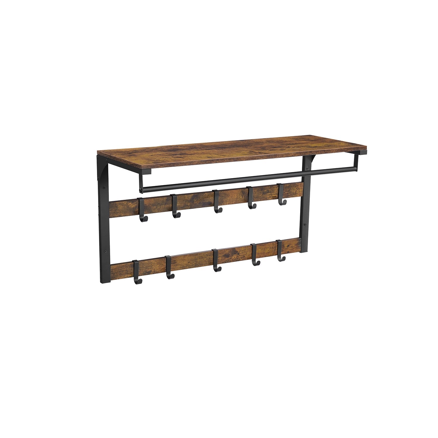 Wall-Mounted Coat Rack – Wood – Rustic Brown and Black – 10 Removable Hooks with Shelf