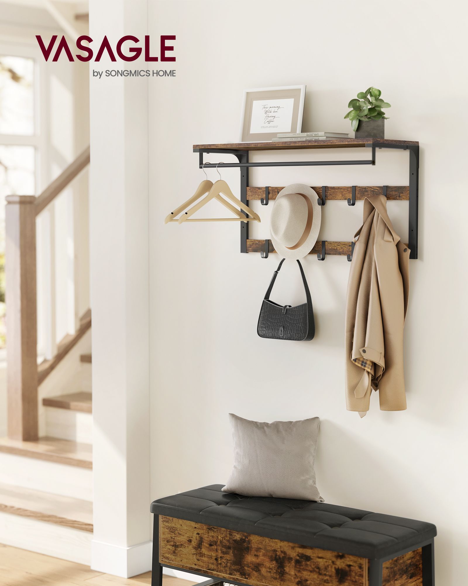 Wall-Mounted Coat Rack – Wood – Rustic Brown and Black – 10 Removable Hooks with Shelf