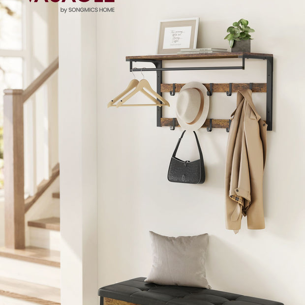 Wall-Mounted Coat Rack – Wood – Rustic Brown and Black – 10 Removable Hooks with Shelf