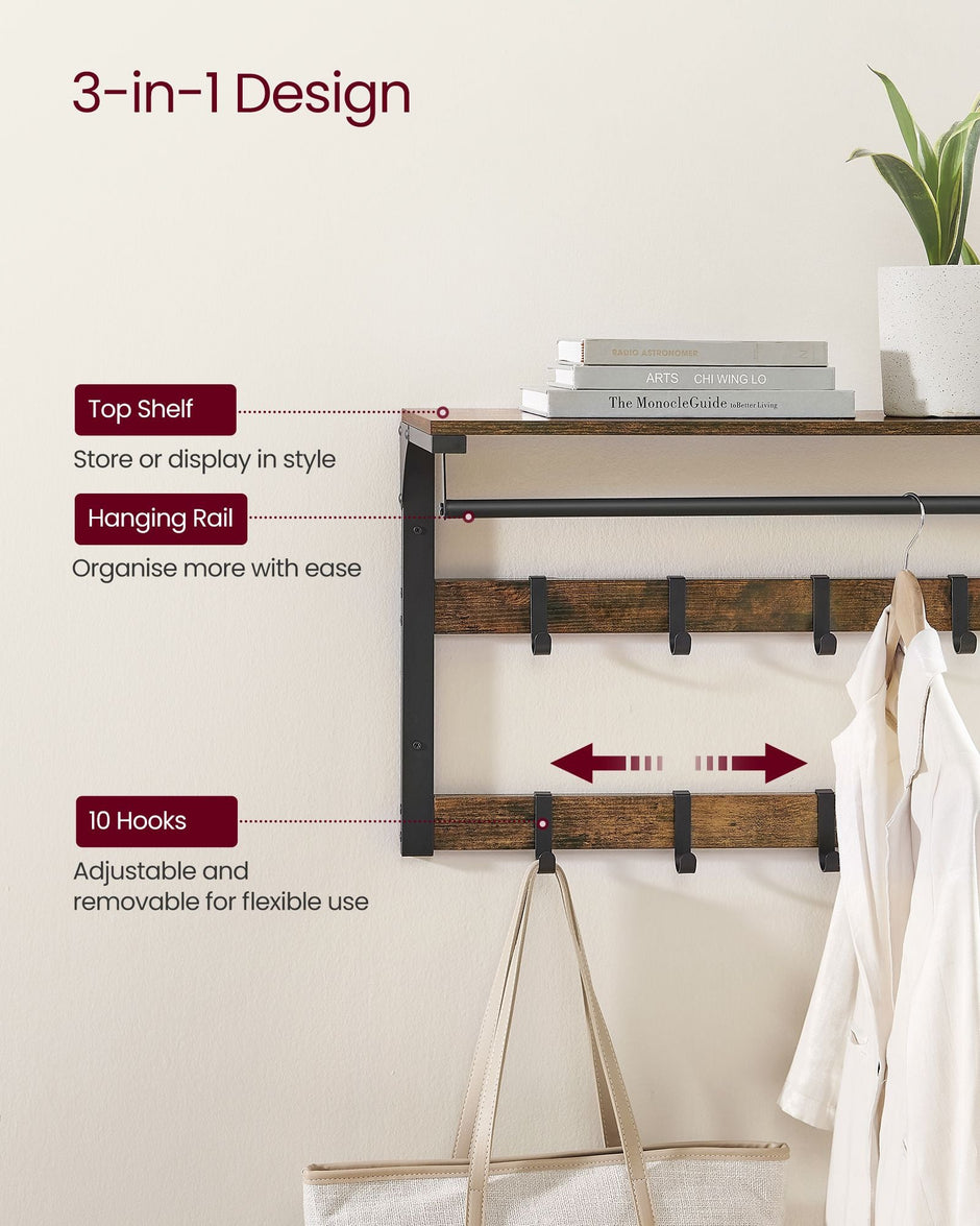 Wall-Mounted Coat Rack – Wood – Rustic Brown and Black – 10 Removable Hooks with Shelf