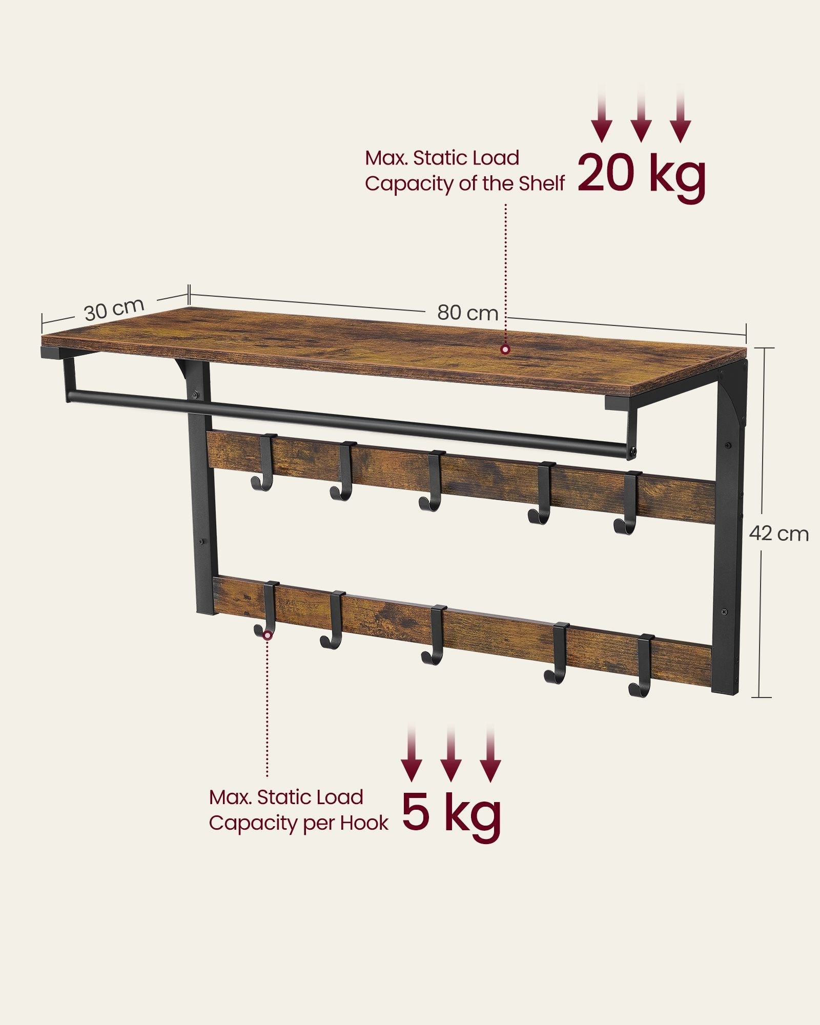 Wall-Mounted Coat Rack – Wood – Rustic Brown and Black – 10 Removable Hooks with Shelf