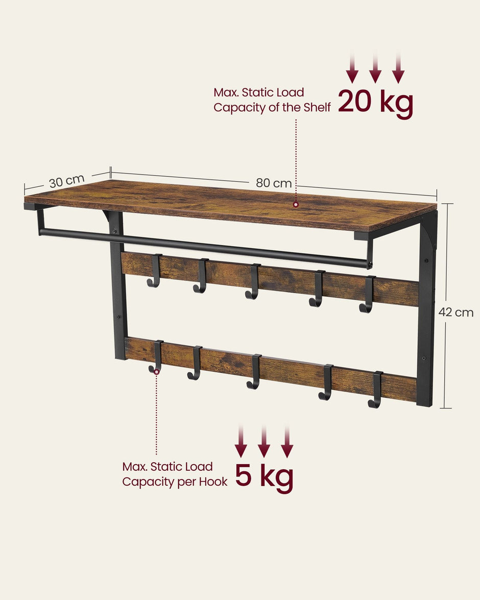 Wall-Mounted Coat Rack – Wood – Rustic Brown and Black – 10 Removable Hooks with Shelf