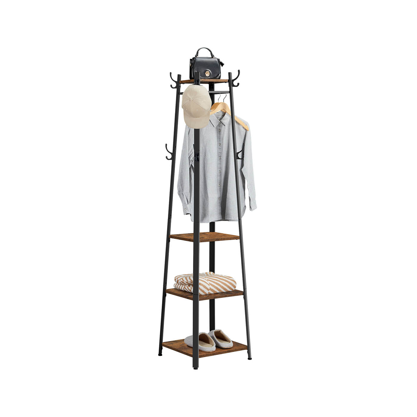 Coat Stand – Metal – Rustic Brown – Industrial Design with Shelves and Hooks