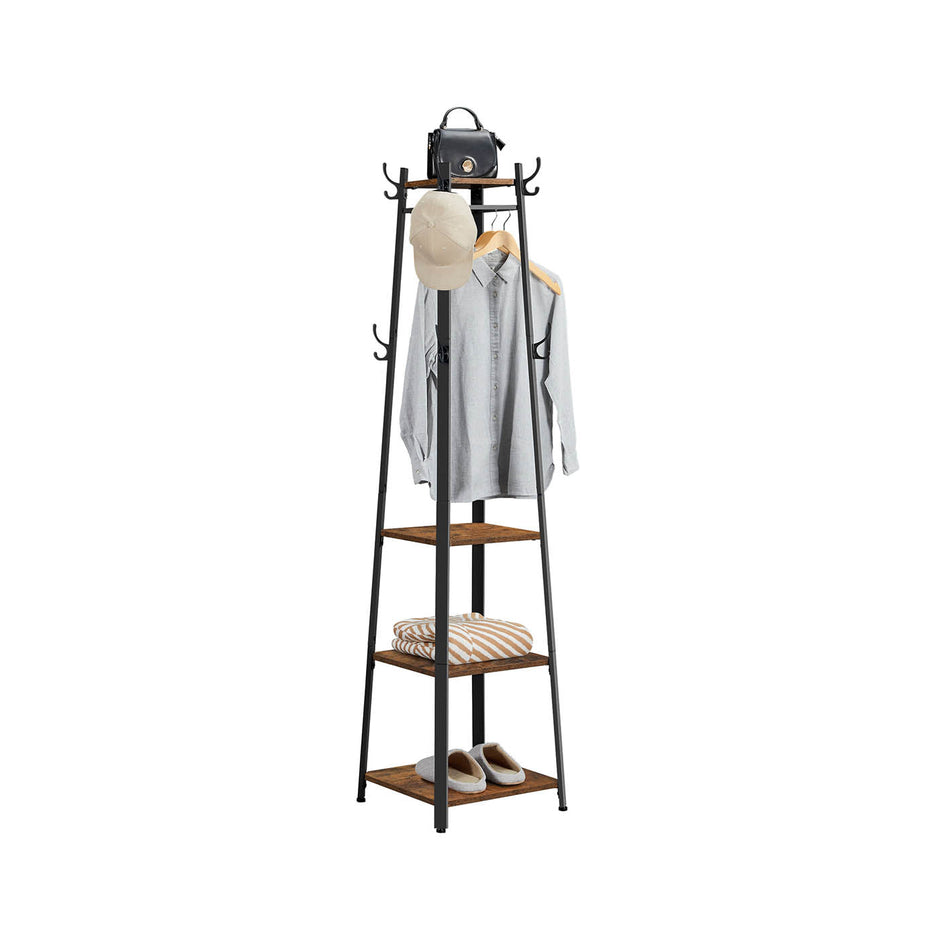 Coat Stand – Metal – Rustic Brown – Industrial Design with Shelves and Hooks