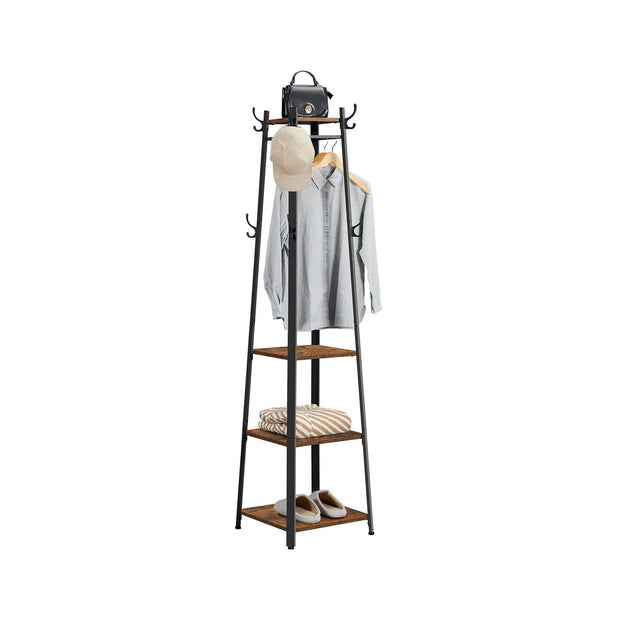 Coat Stand – Metal – Rustic Brown – Industrial Design with Shelves and Hooks