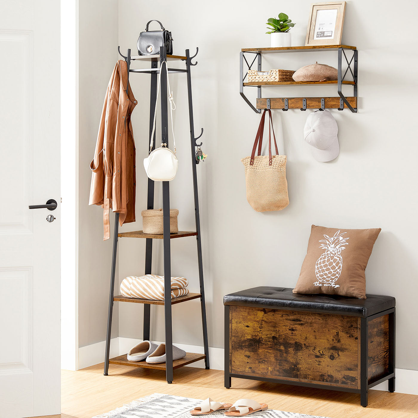 Coat Stand – Metal – Rustic Brown – Industrial Design with Shelves and Hooks