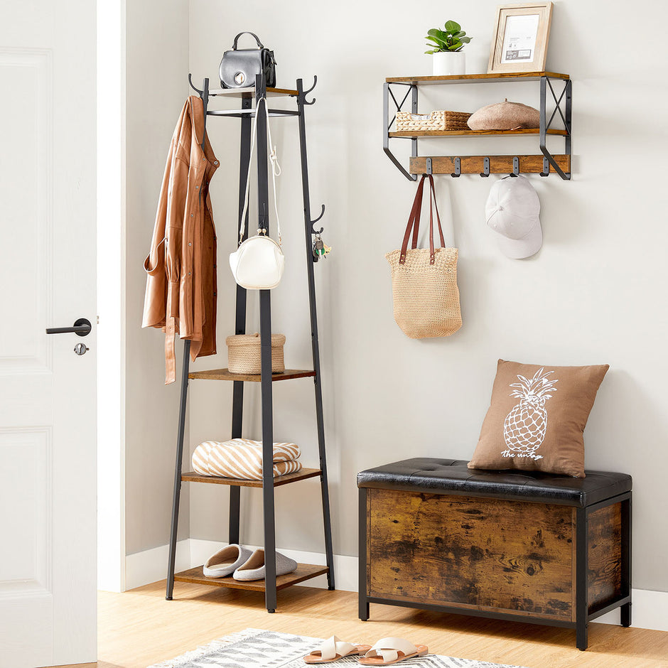 Coat Stand – Metal – Rustic Brown – Industrial Design with Shelves and Hooks