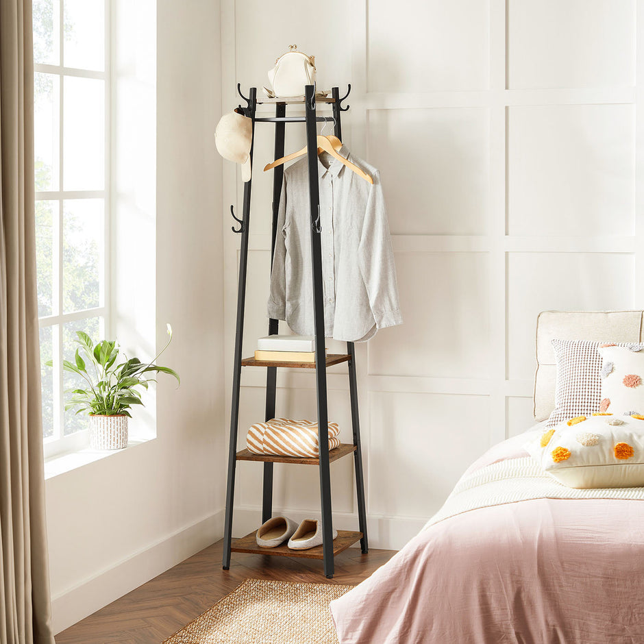 Coat Stand – Metal – Rustic Brown – Industrial Design with Shelves and Hooks