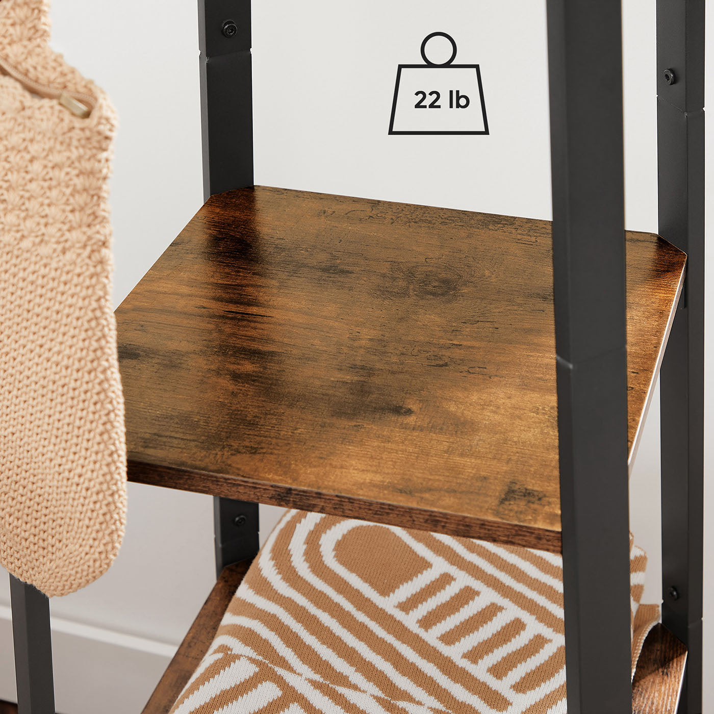 Coat Stand – Metal – Rustic Brown – Industrial Design with Shelves and Hooks