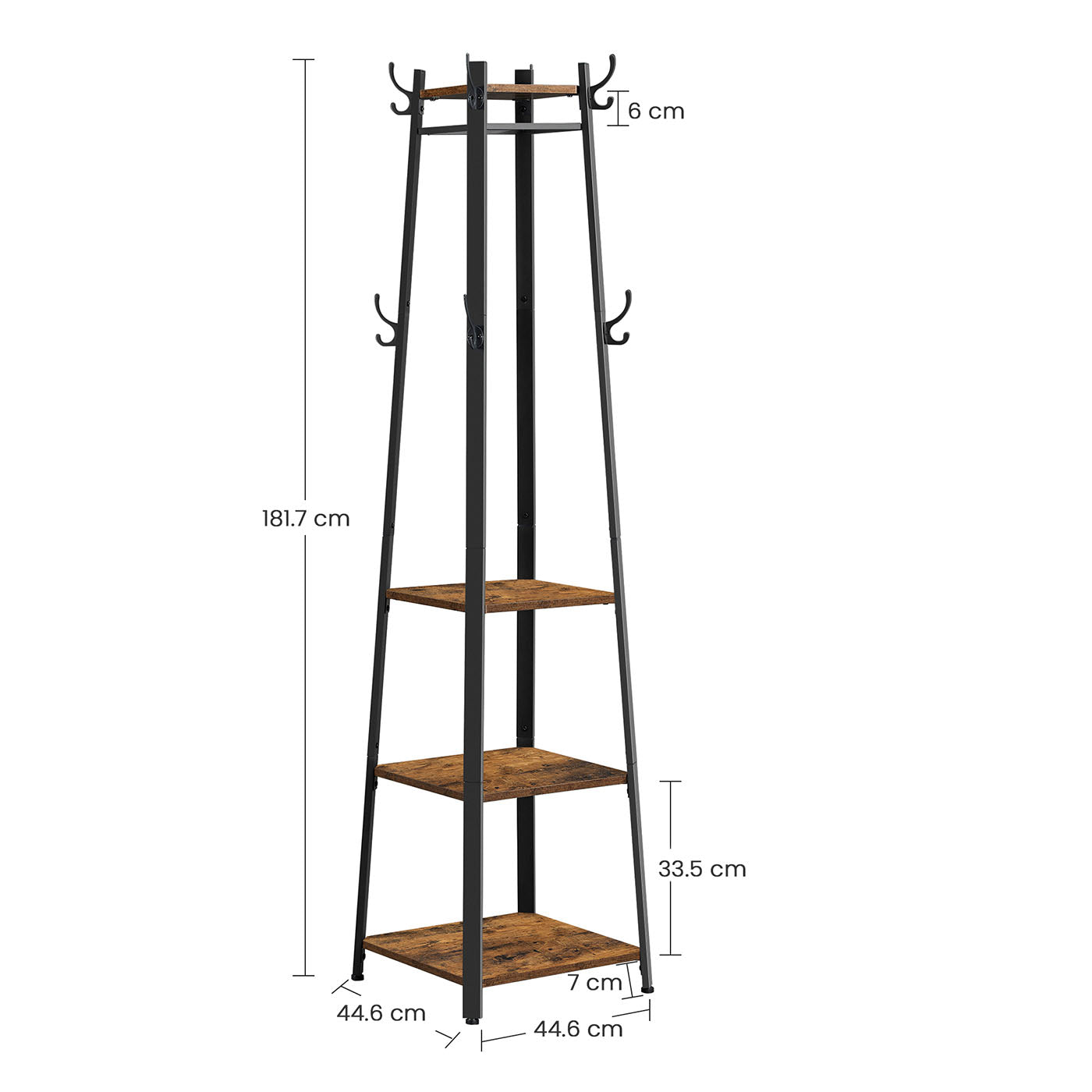 Coat Stand – Metal – Rustic Brown – Industrial Design with Shelves and Hooks
