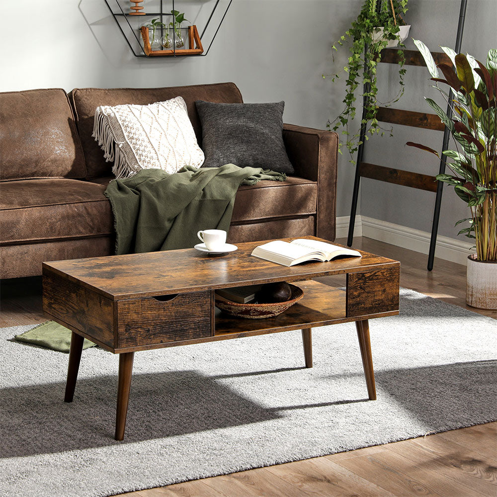 Coffee Table – Wood – Rustic Brown – Storage Drawer and Open Compartment