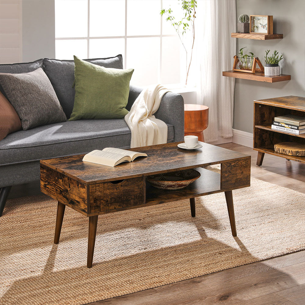 Coffee Table – Wood – Rustic Brown – Storage Drawer and Open Compartment