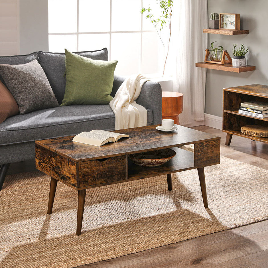 Coffee Table – Wood – Rustic Brown – Storage Drawer and Open Compartment