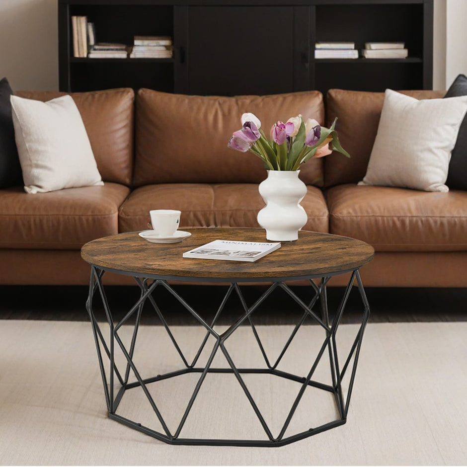 Round Coffee Table – Steel Frame – Rustic Brown and Black – Industrial Style