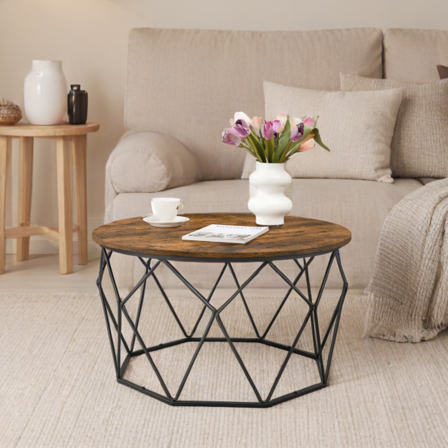 Round Coffee Table – Steel Frame – Rustic Brown and Black – Industrial Style