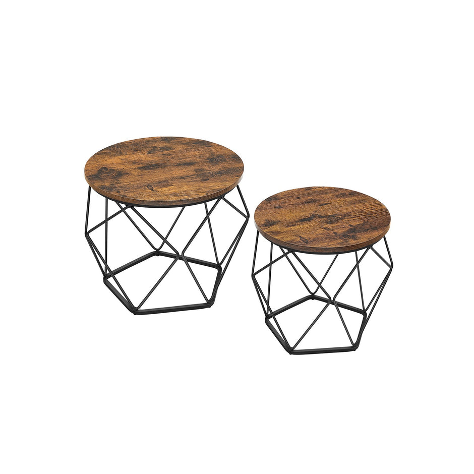 Set of 2 Round Coffee Tables – Steel – Rustic Brown & Ink Black – Robust Design for Living Room and Bedroom