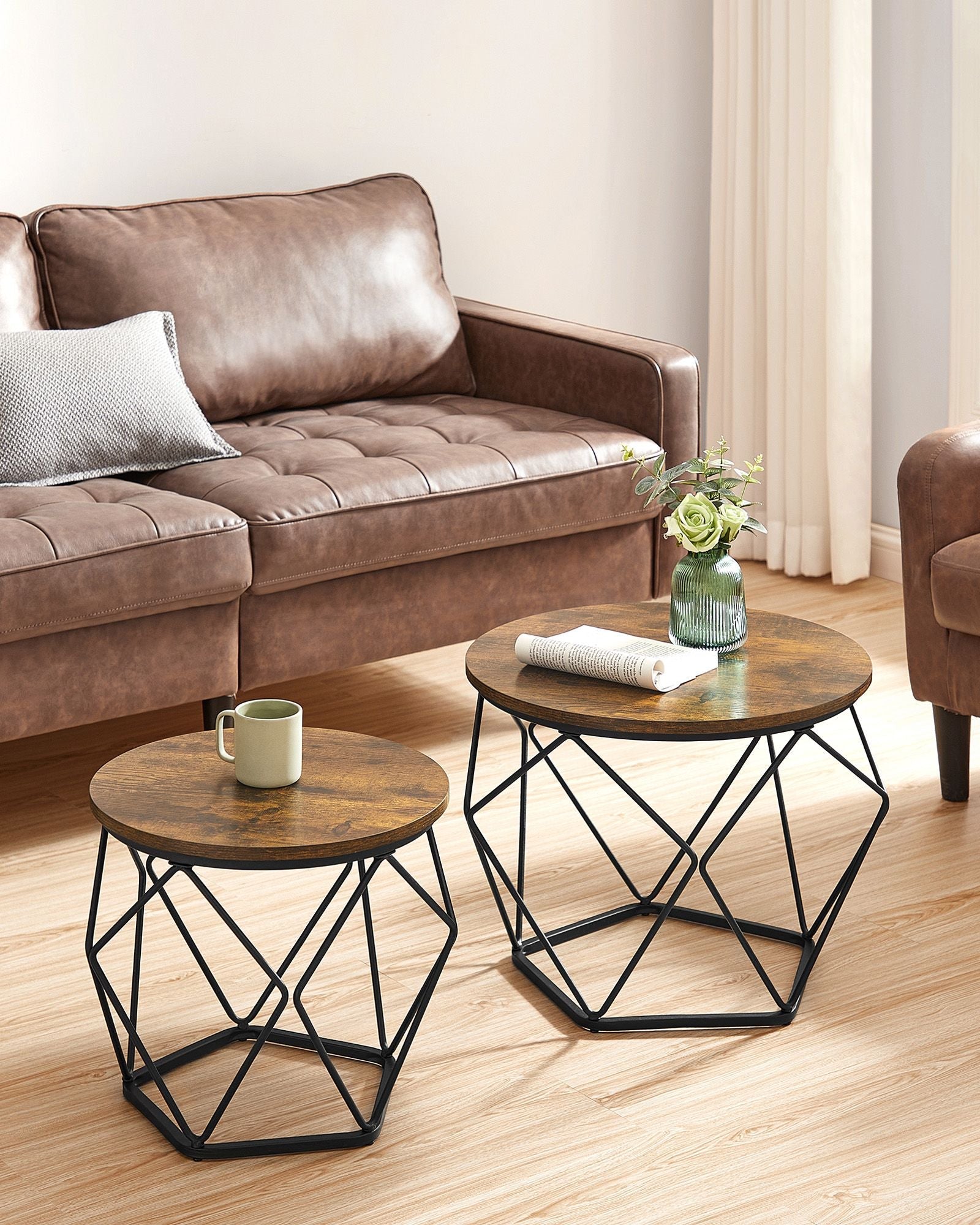 Set of 2 Round Coffee Tables – Steel – Rustic Brown & Ink Black – Robust Design for Living Room and Bedroom