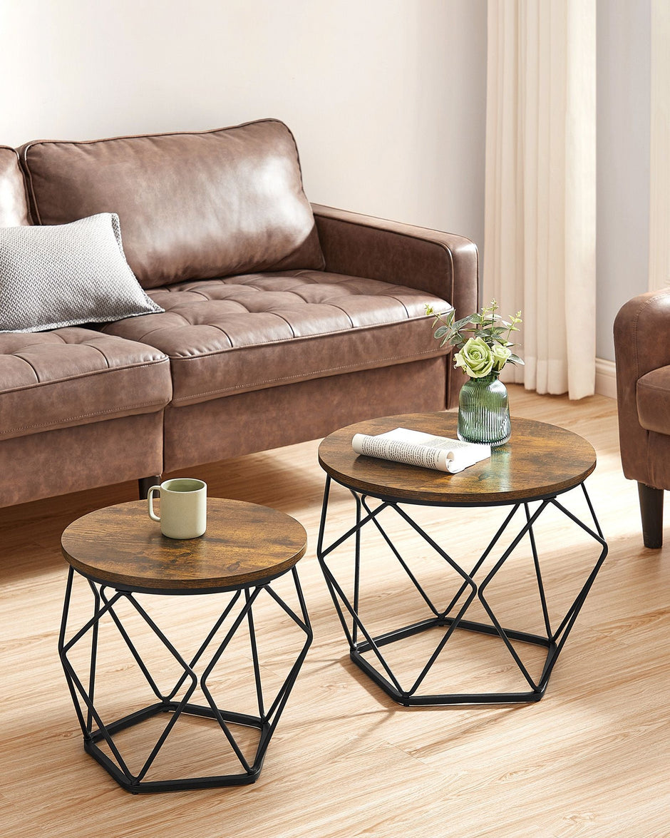 Set of 2 Round Coffee Tables – Steel – Rustic Brown & Ink Black – Robust Design for Living Room and Bedroom