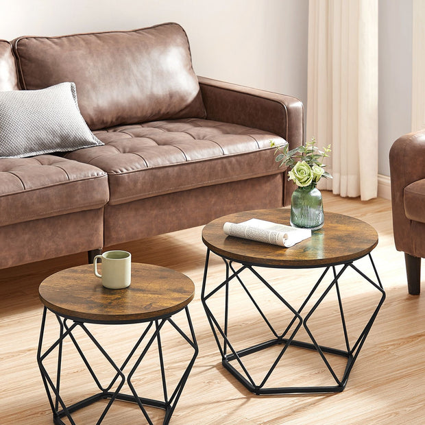 Set of 2 Round Coffee Tables – Steel – Rustic Brown & Ink Black – Robust Design for Living Room and Bedroom