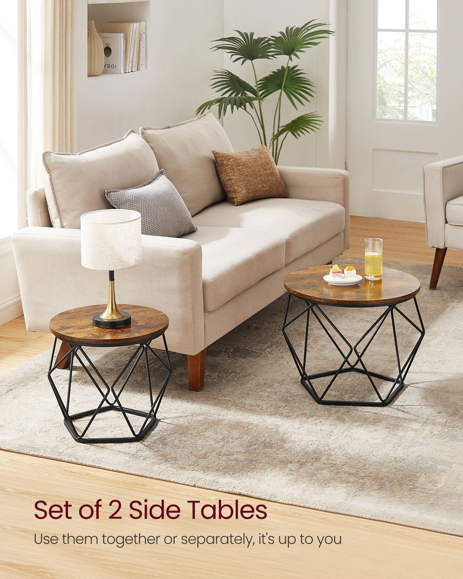 Set of 2 Round Coffee Tables – Steel – Rustic Brown & Ink Black – Robust Design for Living Room and Bedroom