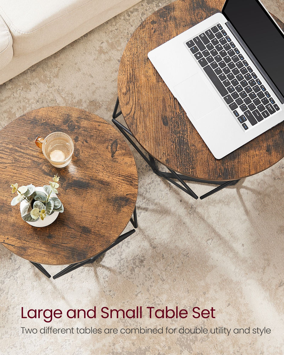 Set of 2 Round Coffee Tables – Steel – Rustic Brown & Ink Black – Robust Design for Living Room and Bedroom