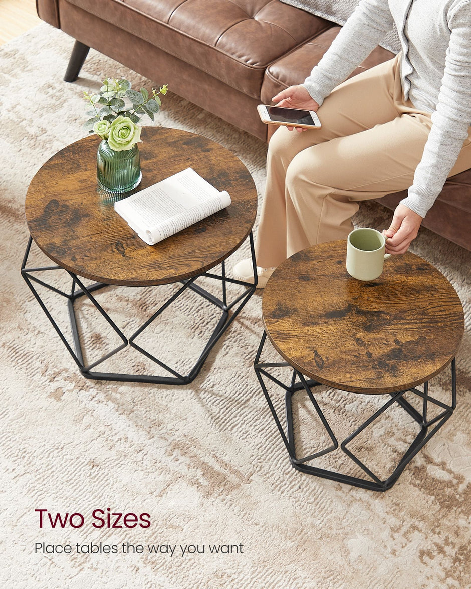 Set of 2 Round Coffee Tables – Steel – Rustic Brown & Ink Black – Robust Design for Living Room and Bedroom