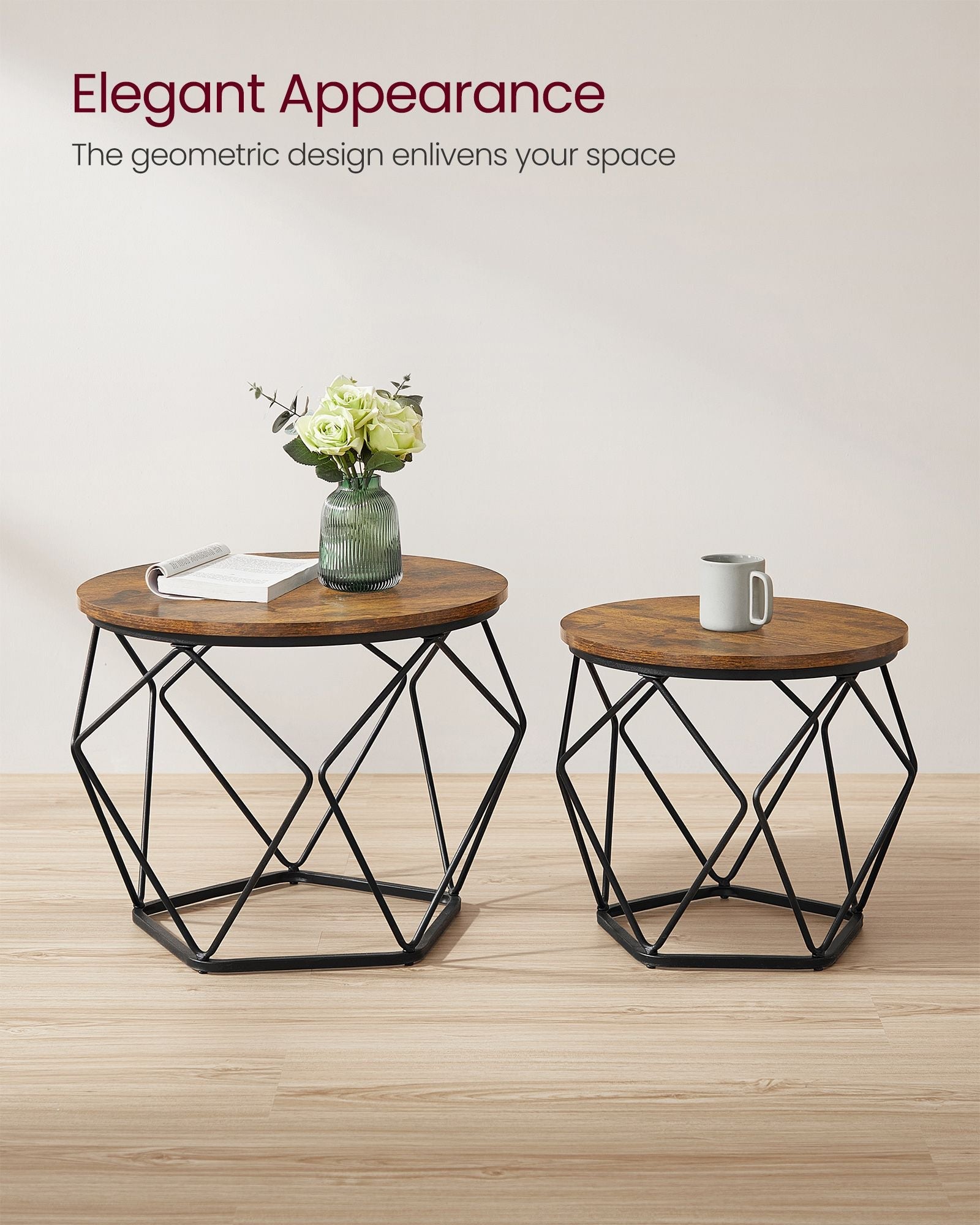 Set of 2 Round Coffee Tables – Steel – Rustic Brown & Ink Black – Robust Design for Living Room and Bedroom