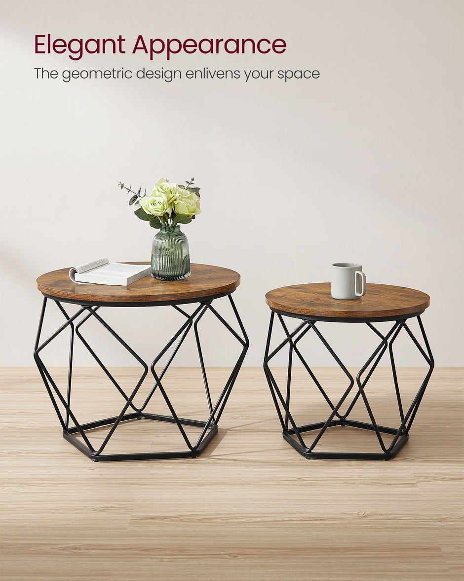Set of 2 Round Coffee Tables – Steel – Rustic Brown & Ink Black – Robust Design for Living Room and Bedroom