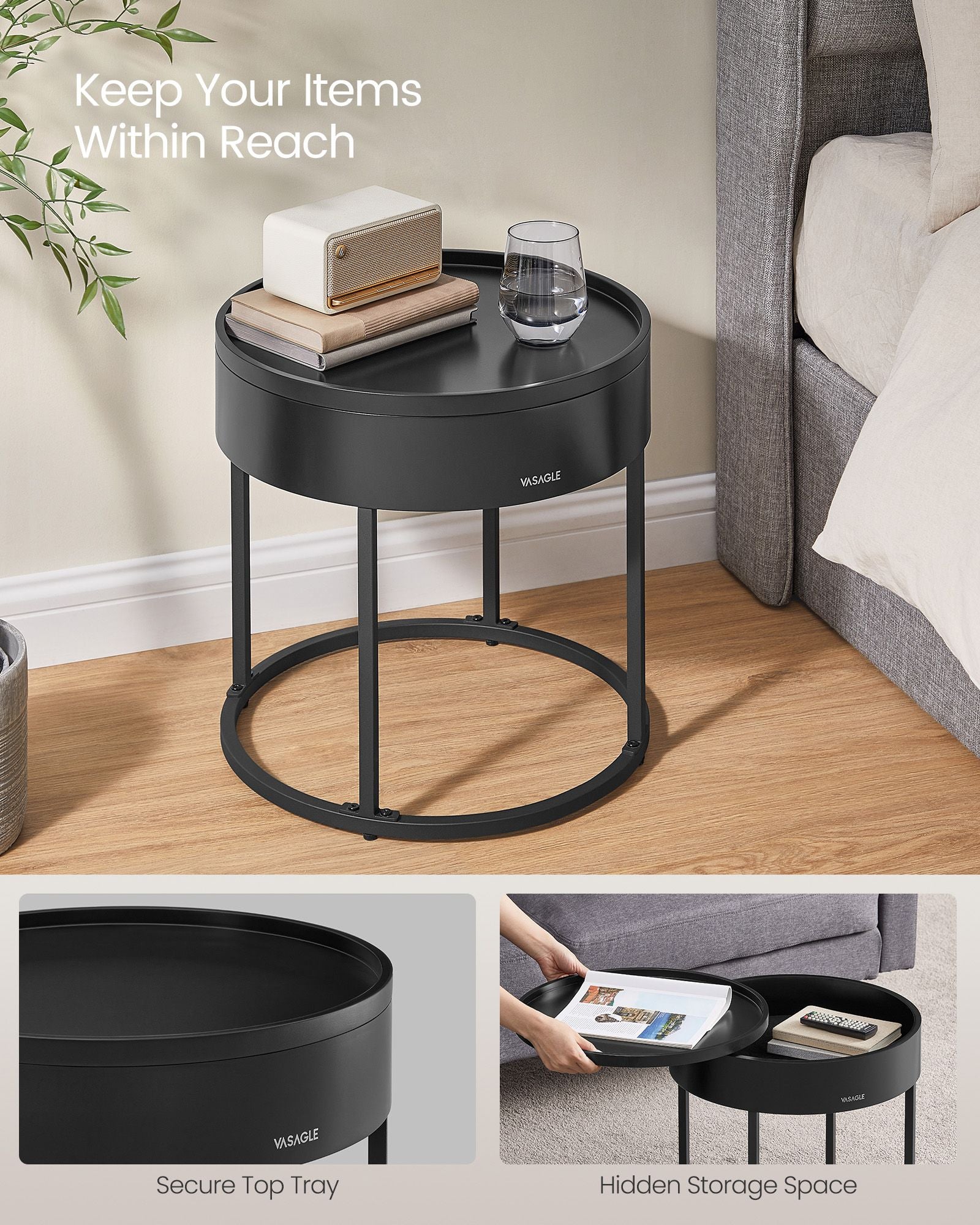 Set of 2 Round Nesting Tables – Wood – Rustic Brown and Ink Black – Hidden Storage and Top Tray
