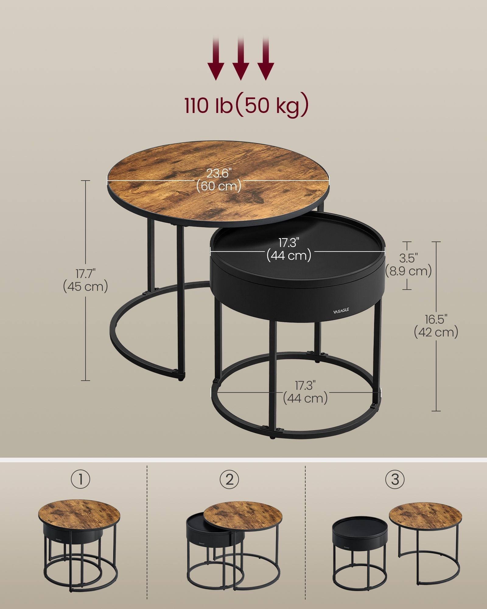 Set of 2 Round Nesting Tables – Wood – Rustic Brown and Ink Black – Hidden Storage and Top Tray