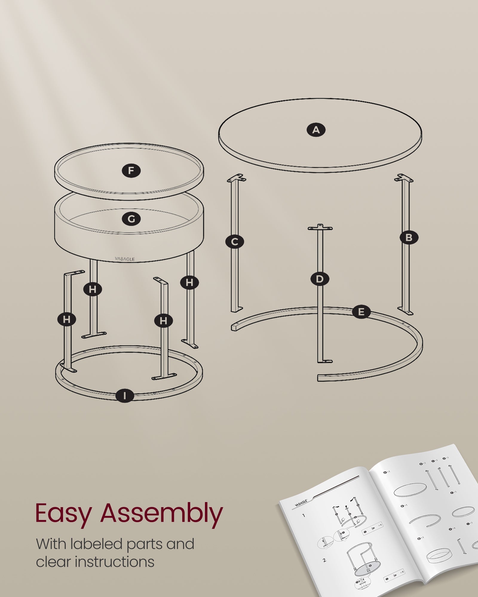 Set of 2 Round Nesting Tables – Wood – Rustic Brown and Ink Black – Hidden Storage and Top Tray