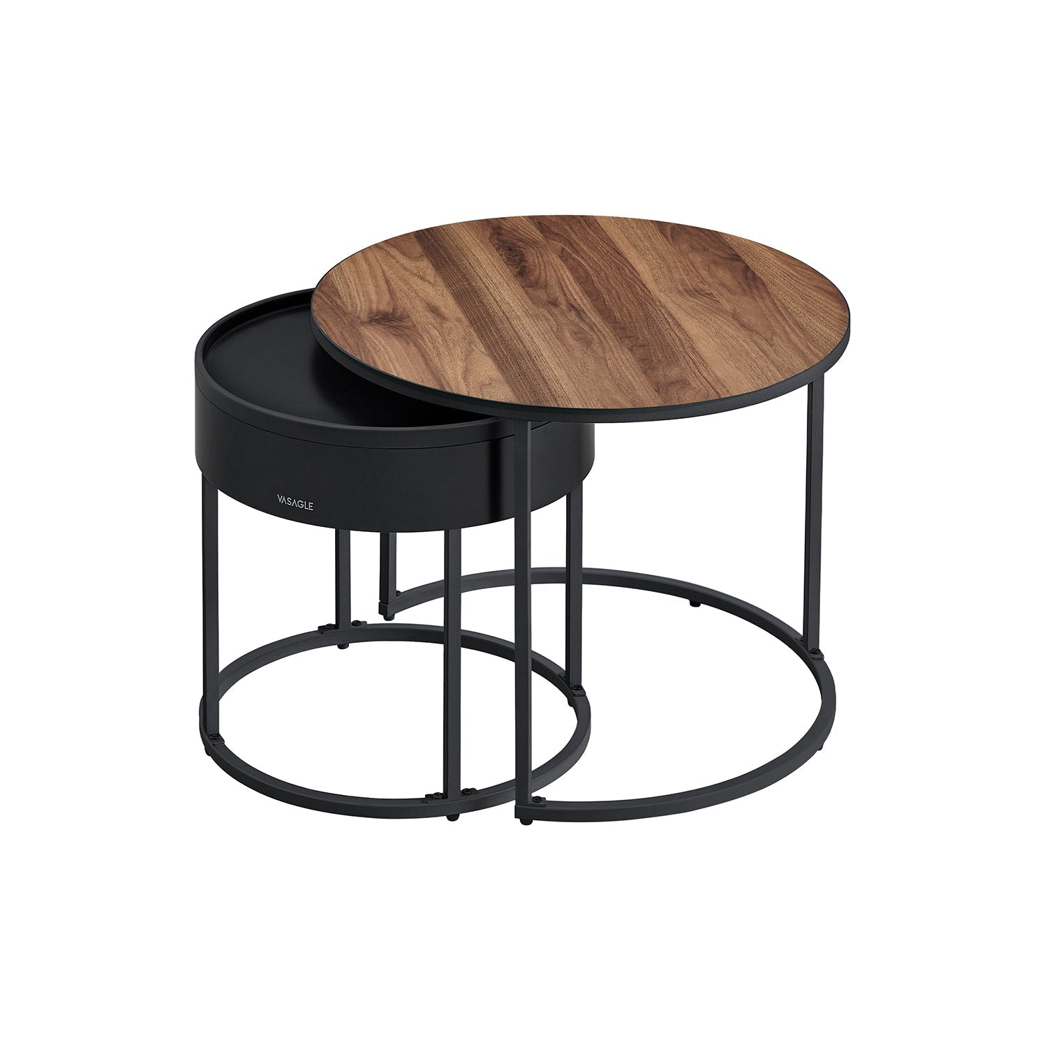 Set of 2 Round Nesting Side Tables – Natural Walnut and Ink Black – Modern Style with Hidden Storage and Top Tray