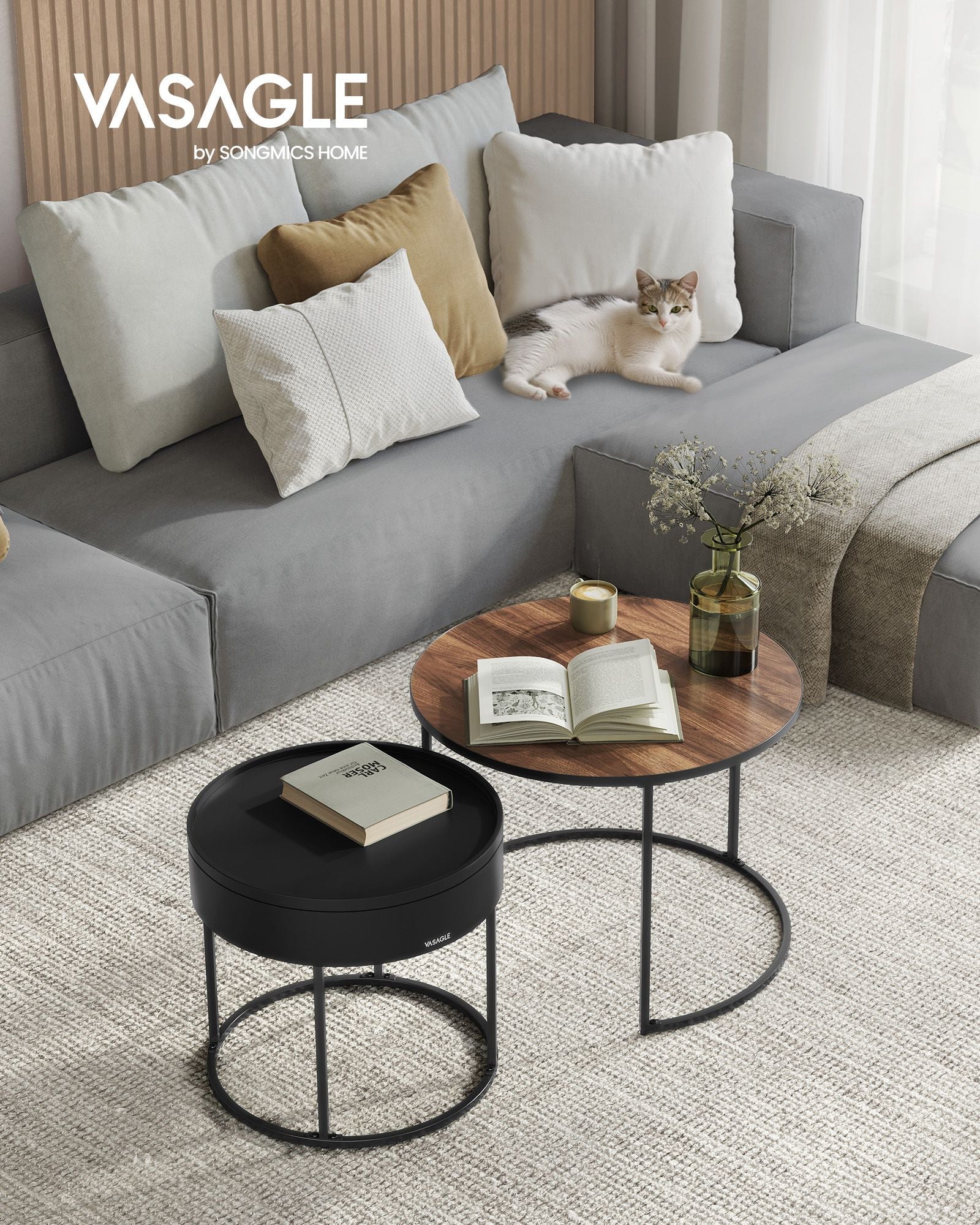 Set of 2 Round Nesting Side Tables – Natural Walnut and Ink Black – Modern Style with Hidden Storage and Top Tray